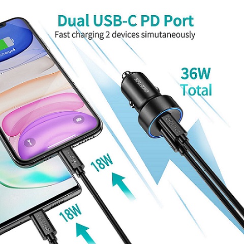 Choetech C0054 2 Port USB Type C Car Charger 40W Dual USB C Car Charger Adapter 4