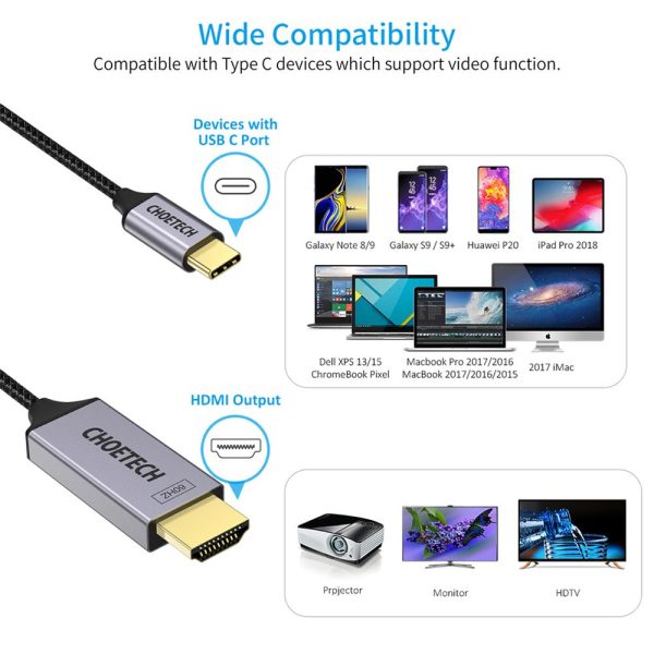 Choetech USB Type C to HDMI V2.0 Cable 4K @ 60Hz Aluminum Braided 1.8M - Silver Grey - XCH-1804BK - GC - Image 3