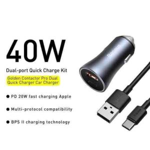 Baseus Metal 40W TypeC+USB Quick Charging Car Charger With Type C Cable - Black - Image 2