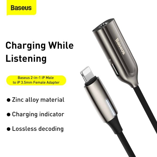Baseus L56 iPhone to 3.5mm Female Cable 2-In-1 Adapter Support 2A Fast Charge - Black - Image 8