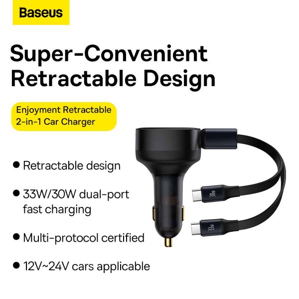 a-37 Baseus Enjoyment Retractable 2-in-1 Car Charger C+C 33W - Black - Image 7
