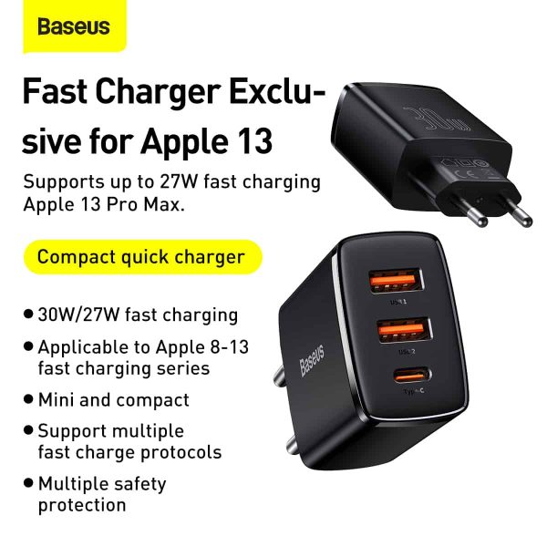 Baseus Compact Quick Charger 2U+C 30W - Black - Image 7