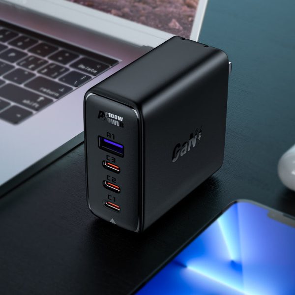 Acefast A39 PD100W GaN 3*USB-C+USB-A charger set US - Black - Image 2