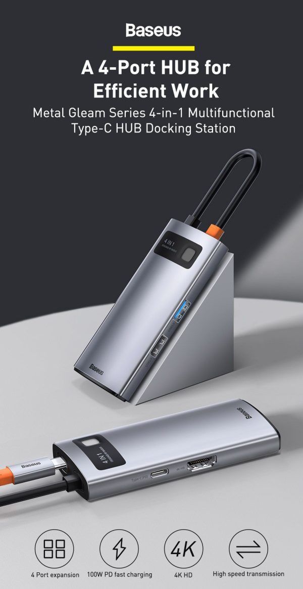 Baseus Metal Gleam Series 4-in-1 Multifunctional Type-C HUB Docking Station - Gray - Image 5