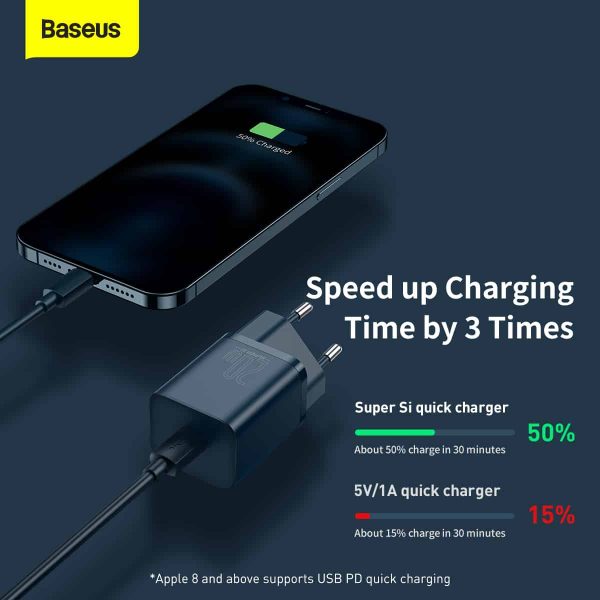 Baseus Super Si Quick Charger 1C 20W EU With Type-C to iPhone Cable 1M - Black - Image 5