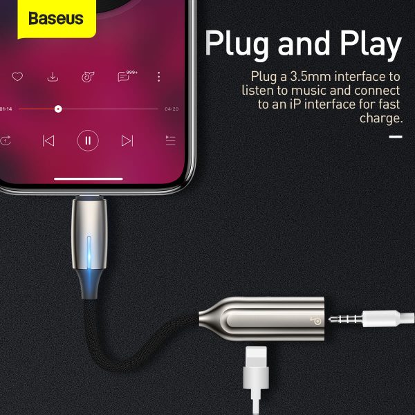 Baseus L56 iPhone to 3.5mm Female Cable 2-In-1 Adapter Support 2A Fast Charge - Black - Image 4