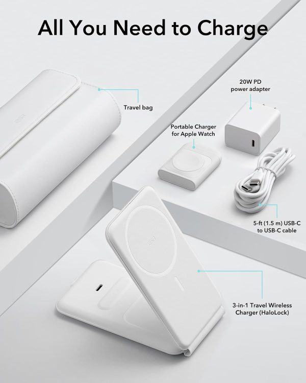 617cGWgRitL._AC_SL1500_ ESR 3 in 1 Wireless Travel Charging Station HaloLock, MagSafe Charger, Made for Apple Watch Certified, Foldable Magnetic Wireless Charger for iPhone 14/13/12, AirPods Pro/3/2, Adjustable 2-Way Stand - White - Image 2