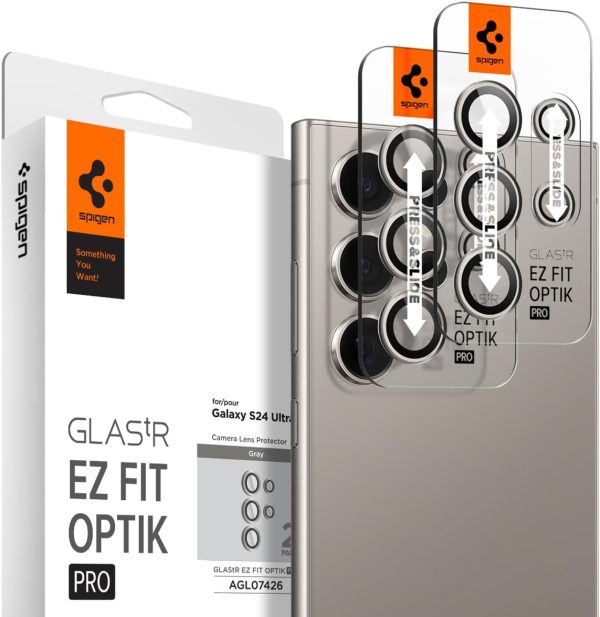 61CM4JnGvML._AC_SL1200_ Galaxy S24 Ultra Optik Pro EZ Fit Camera Lens Protector By Spigen 2 Pack - AGL07426 - Gray - Image 1