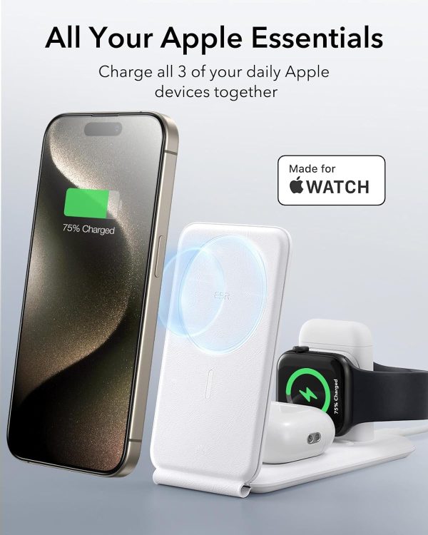 71aGvYd7DeL._AC_SL1500_ ESR 3 in 1 Wireless Travel Charging Station HaloLock, MagSafe Charger, Made for Apple Watch Certified, Foldable Magnetic Wireless Charger for iPhone 14/13/12, AirPods Pro/3/2, Adjustable 2-Way Stand - White - Image 8