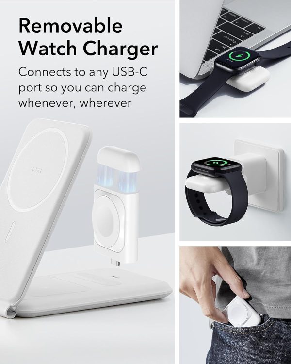 71zSavFfCwL._AC_SL1500_ ESR 3 in 1 Wireless Travel Charging Station HaloLock, MagSafe Charger, Made for Apple Watch Certified, Foldable Magnetic Wireless Charger for iPhone 14/13/12, AirPods Pro/3/2, Adjustable 2-Way Stand - White - Image 6