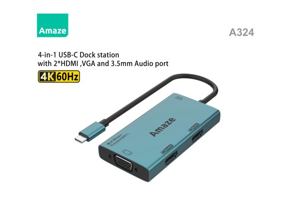 AMAZE A324 Type C to Dual HDMI + VGA + Audio Hub - Black - BIS - Image 2