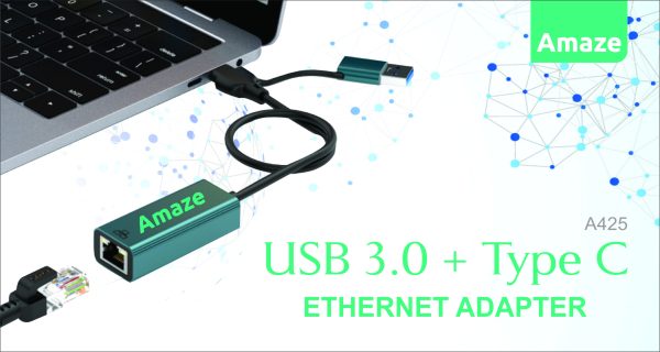 AMAZE A425 USB3.0 + TYPE C TO RJ45 ETHERNET ADAPTER - Black - BIS - Image 2