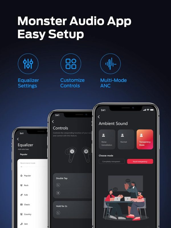 Monster Clarity 8.0 ANC Hybrid Active Noise Cancelling Wireless Earbuds 42dB in-Ear Earphones Deep Bass with 6 Mics Bluetooth 5.2 50H Play Time with Wireless Charging Case for Android iOS Gaming - Black - GC - Image 7