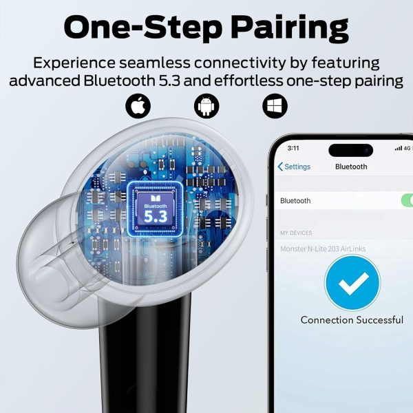 71BxgKZY7RL._AC_SL1500_ Monster N-Lite 203 AirLinks Wireless Earbuds HiFi Stereo Wireless Earbuds with 30H Playback Type-C Charging HD Clear Call Touch Control IPX6 Waterproof - Black - GC - Image 2