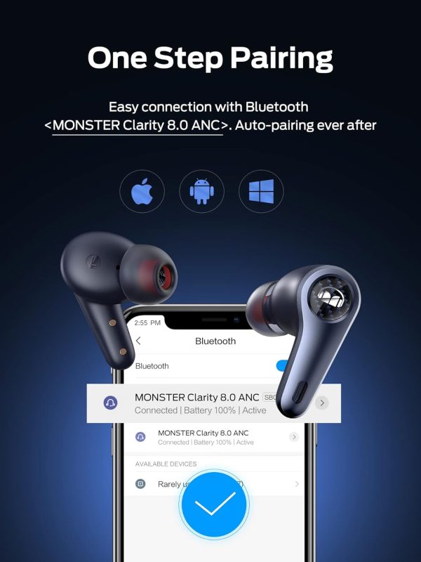Monster Clarity 8.0 ANC Hybrid Active Noise Cancelling Wireless Earbuds 42dB in-Ear Earphones Deep Bass with 6 Mics Bluetooth 5.2 50H Play Time with Wireless Charging Case for Android iOS Gaming - Black - GC - Image 3