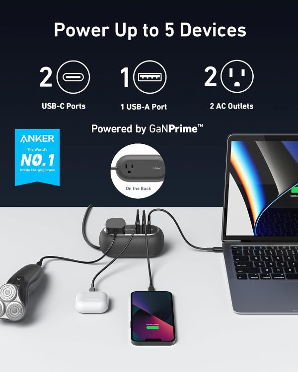 Anker GaNPrime 65W Charging Station 615 USB C 5-in-1 Power Strip for Travel and Work with 2AC 2 USB C USB A 3ft Power Delivery for iPhone 15/15 Plus/15 Pro/15 Pro Max and More - Black - A9125P11 - BIS - Image 2