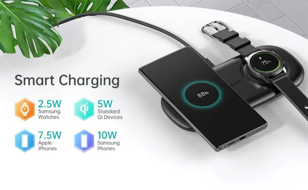 CHOETECH 2 In 1 Wireless Charger, 10W Max Wireless Charging Pad For Phones and Galaxy Watch (T570-S) - Black - GC - Image 8
