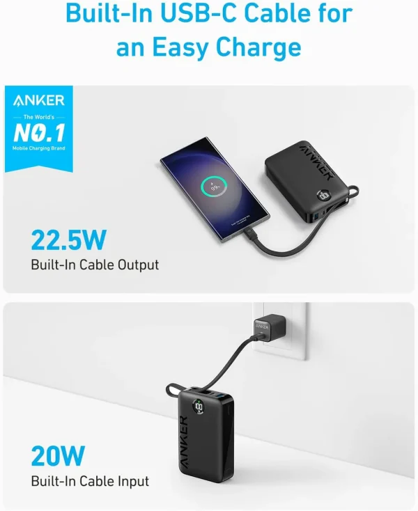 Anker 20000mAh Powerbank 22.5W Built In USB C Cable - Black - A1647H11 - OP - Image 3