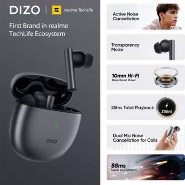 Dizo GoPods with Active Noise Cancellation by Realme TechLife - Smoky Grey - GC - Image 7