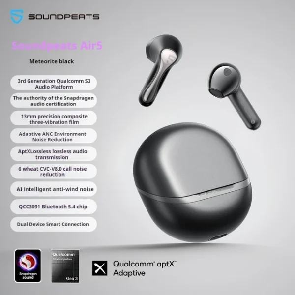 S19eb48421b6d4b5f878658a3c780d4eb7.jpg_640x640Q90.jpg_ SoundPEATS Air5 True Wireless Earphone with Bluetooth 5.4 & Upto 30 Hours Battery - Black - BB - Image 4