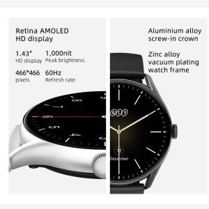 QCY GT Smart Watch With Retina 1.43 AMOLED HD Display, Peak-Brightness Sunlight Display, Metal Watch Frame and Crown, Health Monitoring and 100 + Sports Modes - Black - GC - Image 6
