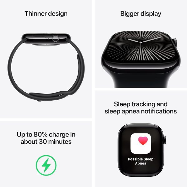 Apple Watch Series 10 GPS 46mm Smartwatch with Jet Black Aluminium Case with Black Sport Band Fitness Tracker ECG App Always-On Retina Display Water Resistant - Image 5