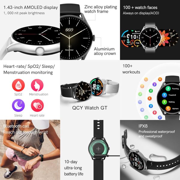 QCY GT Smart Watch With Retina 1.43 AMOLED HD Display, Peak-Brightness Sunlight Display, Metal Watch Frame and Crown, Health Monitoring and 100 + Sports Modes - Black - GC - Image 2