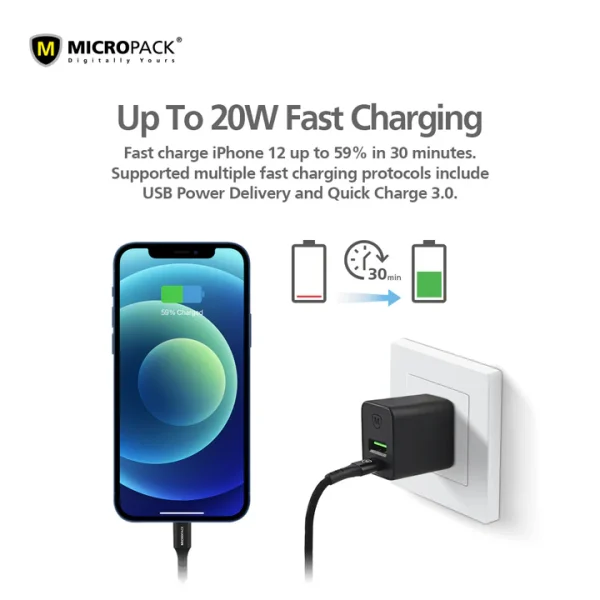 Micropack 20W Phone Charger Fast Charging Dual Port PD MWC-220PD - US Plug - Black - GC - Image 4