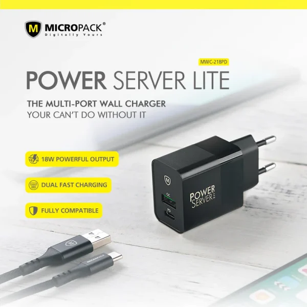 Micropack Wall Charger Dual Port Fast Charging 18 Watt MWC- 248PD - Black - GC - Image 2