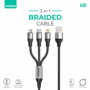 AMAZE A30 USB TO 3 - IN - 1 BRAIDED CABLE 3.5A 1.2M Best Price in Pakistan