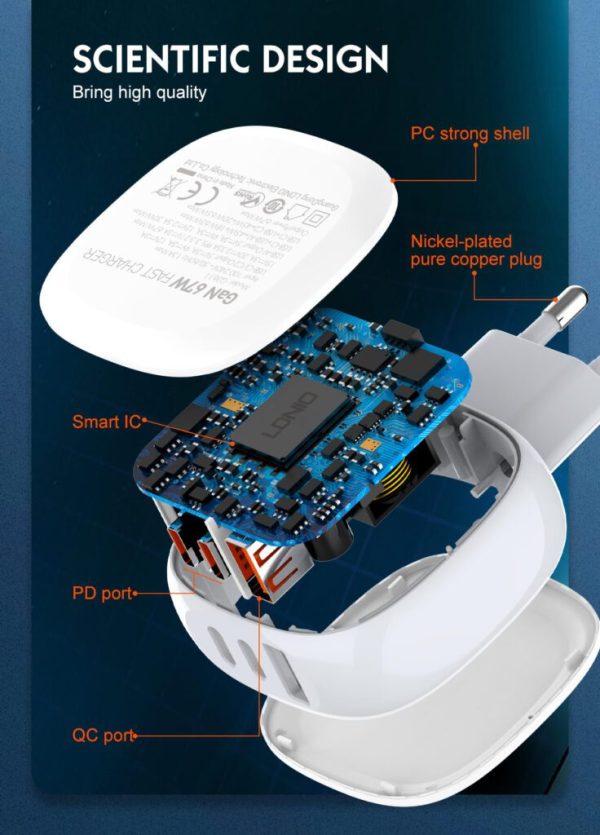 Ldnio Q3611 67W Dual Port PD & QC Fast Charger C to L Cable - White - XB - Image 3