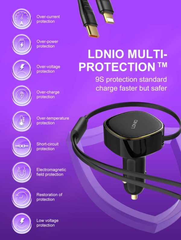 Ldnio C107 30W Wired Type-C OR Lightning Ultra Fast Car Charger - Black - XB - Image 2