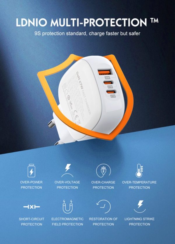Ldnio Q3611 67W Dual Port PD & QC Fast Charger C to L Cable - White - XB - Image 2