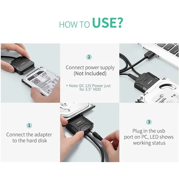 UGREEN  SATA to USB 3.0 Adapter Cable 3.5 / 2.5 Inches SSD HDD SATA III Hard Drive Disk Converter 20231 - Black - BIS - Image 2