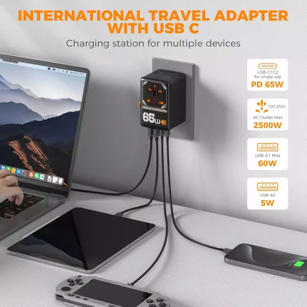 TessanTS-WTA032XUSB-A2XUSB-C65WUniversalTravelAdapter_3 Tessan 65W Travel Adapter TS-WTA03 - Black - Image 3