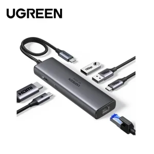 Ugreen 6 in 1 USB-C to HDMI 2*USB-A3.2 1*USB-C3.2 Gigabit LAN PD Multi Function Docking Station 45000 - Grey - BIS