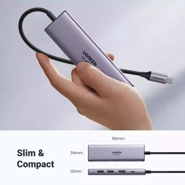 Ugreen 6 in 1 Type-C to HDMI 3-port USB3.0 SD/TF Multi Function Docking Station 60383 - Grey - BIS - Image 3