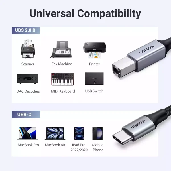 UGREEN Type C to USB-B Square Port Printer Cable 80807 - 2M - Black - BIS - Image 2