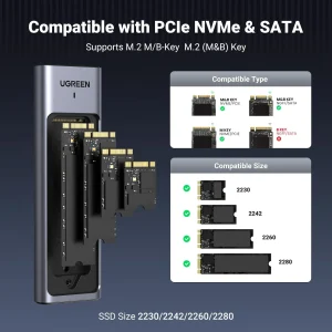 Ugreen 10Gbps M.2 NVMe SATA SSD Hard Drive Enclosure With 2 Cables 90408 - Black - BIS - Image 4