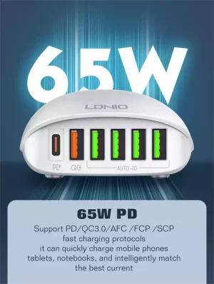 Ldnio A6573C 65W Multi Ports Desktop Charging Station - White - BB - Image 5