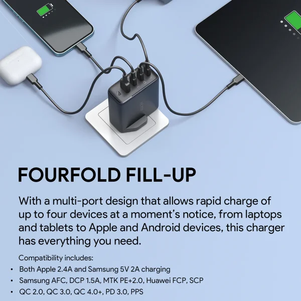 PA-B7S-SQUARE-1 Aukey Omnia II Mis S Wall 100W GaN Charger With 4-Ports Us Pin (PA-B7S) - White - Image 7