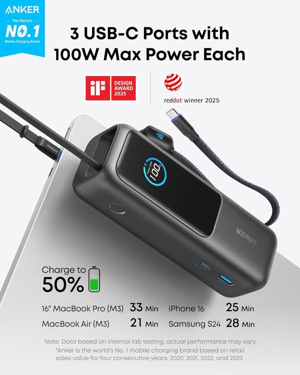 Anker Power Bank 25000mAh 165W Ultra Fast Portable Charger with Built-In Cable - Black - A1695H11 - OP - Image 6