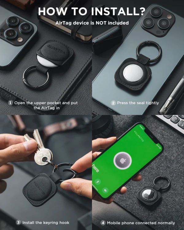 Villantto Leather Keychain For Apple Airtag - Black - Image 4
