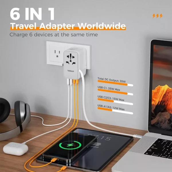 tessan-85W-main5 Tessan 85W Travel Adapter with Built in Retractable Cable - Black - Image 3