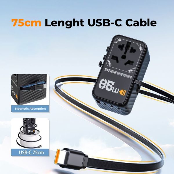 tessan 85w universal power adapter with retractable cable in pakistan with best price and warranty-5 Tessan 85W Travel Adapter with Built in Retractable Cable - Black - Image 12