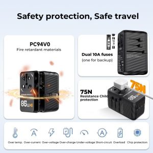 Tessan 85W Travel Adapter with Built in Retractable Cable - Black - Image 9
