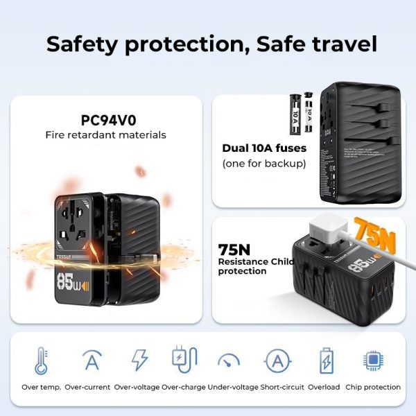 tessan 85w universal power adapter with retractable cable in pakistan with best price and warranty-8 Tessan 85W Travel Adapter with Built in Retractable Cable - Black - Image 9
