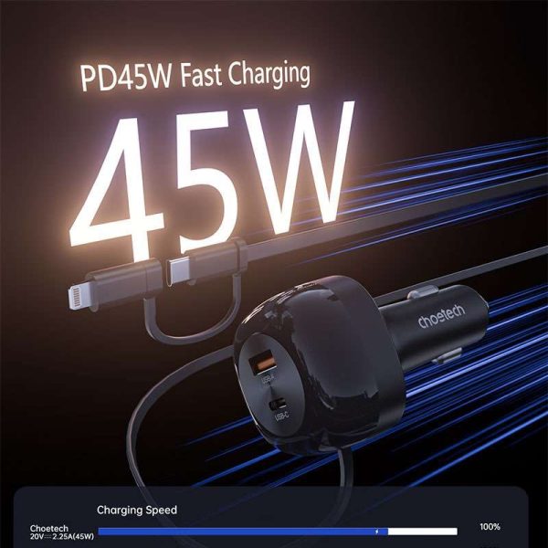 ge-14052 Choetech 75W Car Charger with Retractable 2 in 1 - TC0036 - Black - GC - Image 4