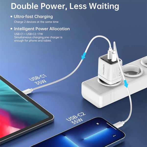 ge-18060 Choetech 35W Gan Wall Charger 2x USB-C PD with Display - PD6051 - White - GC - Image 3