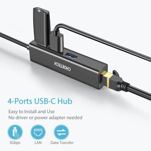 Choetech 4-In-1 USB-C to Gigabit RJ45 Adapter with USB Hub - HUB-U02 - Black - GC - Image 2